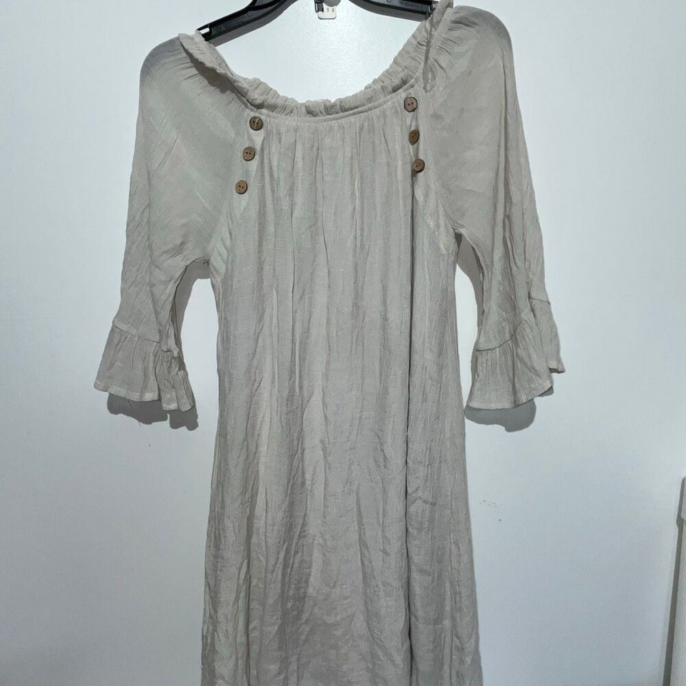Naif Women's‎ Gray Crinkle Scoop Neck Bell Sleeve Pullover Shift Dress Medium